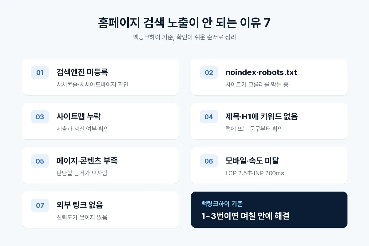 홈페이지 검색 노출이 안 되는 이유 7가지 원인과 확인 방법 인포그래픽